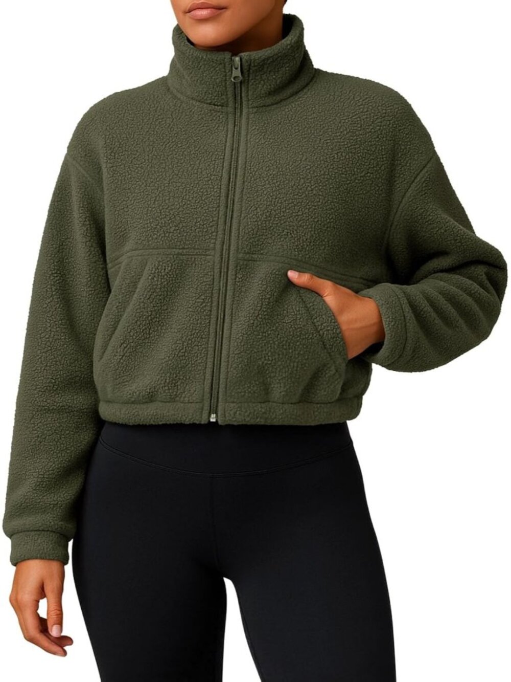 Women’s Army Green Cropped Full ZIP Cozy Warm Casual Coat Sherpa Fleece Jacket